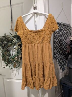 Mustard Crochet Yoke Short Sleeve Babydoll Dress